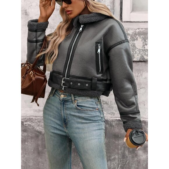 Women Faux Lamb Fur Leather Short Jacket Lapel Zipper Bomber Aviator Coat Grey - Picture 3 of 9